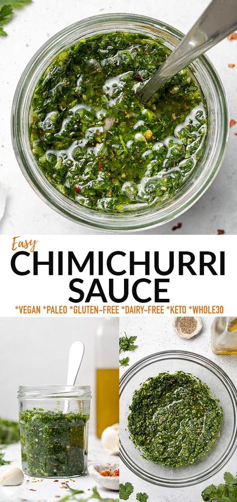 This super flavorful Homemade Chimichurri is an amazing roasted veggie sauce, appetizer dip, steak sauce or pasta topping! It’s easy to make with fresh herbs like cilantro, parsley, garlic, apple cider vinegar, red pepper flakes and more. Gluten-free, vegan, low carb, keto, paleo and Whole30 compliant. Mint Chimichurri, Chimichurri Sauce Recipe, Chimichurri Recipe, Vinaigrette Salad, Herb Sauce, Chimichurri Sauce, Green Sauce, Steak Sauce, Amazing Recipes