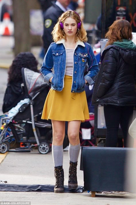 Fresh and funky: On Saturday actress Lily James proved she had moved on from the period fashion of Downton Abbey as she sported this bold look on the set of her upcoming film Baby Driver in Atlanta Skirt And Knee High Socks, Film Baby Driver, Baby Driver, Lily James, Yellow Skirt, Downton Abbey, Inspired Outfits, Women's Wardrobe, Outfits Casuales