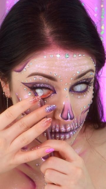 Bedazzled Halloween Makeup, Halloween Makeup Looks Purple, Glitter Skull Makeup, Rhinestone Skull Makeup, Glitter Pills, Glam Skull, Skull Makeup Tutorial, Sugar Skull Makeup, Halloween Makeup Tutorial