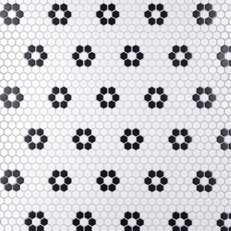 Affinity Tile (Sample) Metro 1 in. Hex Matte White Flower 6-in x 6-in Matte Porcelain Honeycomb Mosaic Thinset Mortar Tile Lowes.com Affinity Tile, Penny Tile, Flower Tile, Gig Harbor, Merola Tile, Porcelain Mosaic Tile, Black And White Tiles, Primary Bathroom, Hexagonal Mosaic