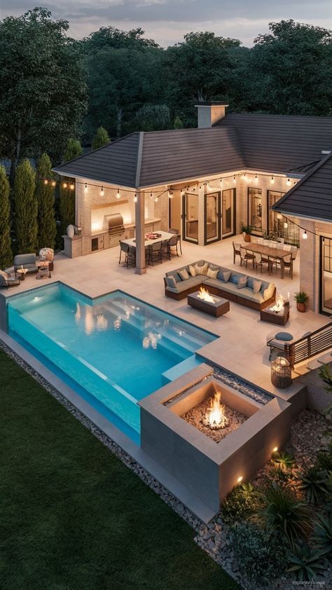 Pool With Outdoor Living, Entertainment Area Outdoor With Pool, Indoor Outdoor Living With Pool, Outdoor Living Ideas Backyard, Backyard Inspo With Pool, Outdoor Area With Pool, Patio Connected To House, Pool Patio Furniture Layout, Pool And Outdoor Living Area