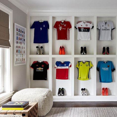 Lisa Friedman Design’s Instagram profile post: “game room •f u n• we loved finding a creative way to display our client’s collection of soccer jerseys! 📷: @joshuamchughphotography” Football Theme Rooms For Boys, Jersey Display Ideas, Football Theme Bedroom, Soccer Themed Room, Locker Bedroom, Soccer Bedroom, T Shirt Display, Football Room, Football Bedroom