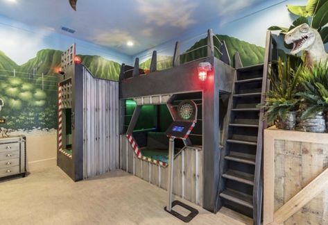 Dinosaur Toy Storage Ideas, Jurassic Park Themed Bedroom, Jurassic Park Bedroom, Jurassic World Room, Dino Playroom, Jurassic Park Room, Boys Dressers, Jurassic World Bedroom, Jurassic Bedroom