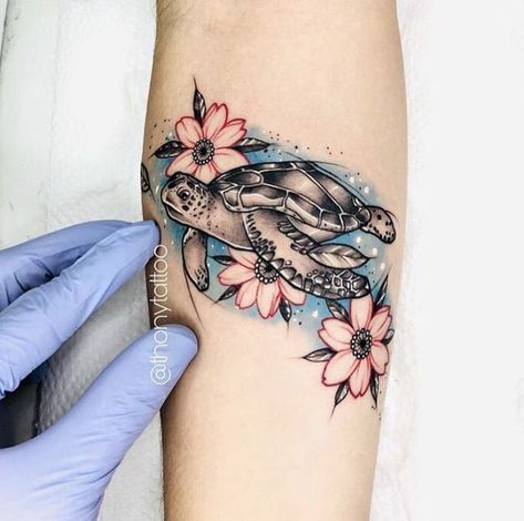 Sea Turtle Tattoo Colorful, Purple Sea Turtle Tattoo, Sea Turtle Tattoo For Women Sleeve, Sea Turtle Hip Tattoo, Ocean Back Tattoo Women, Flower And Turtle Tattoo, Turtle Tattoo Sleeve, Sea Turtle Tattoos For Women, Turtle Tattoo Color