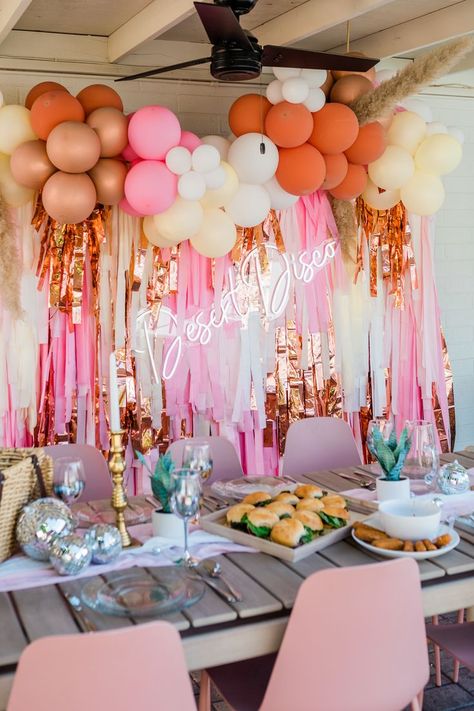 Warm Toned Desert Disco Bachelorette Backdrop Dessert Tables Birthday, Backdrop Fringe, Desert Disco, Streamer Wall, Fringe Decor, Birthday Glam, Bachelorette Decor, Streamer Backdrop, Bridal Shower Backdrop