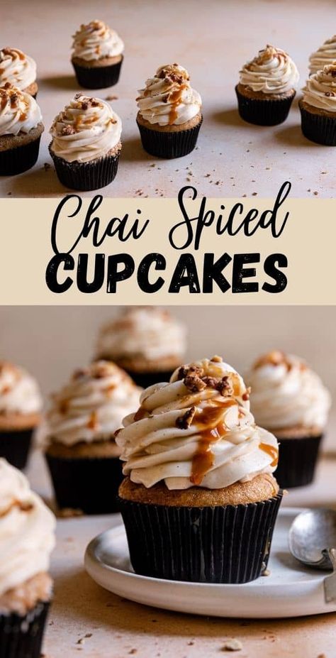 These Chai Cupcakes are little comforting cakes bursting with warm spices and frosted with creamy, tangy, and sweet cream cheese frosting. |#chaicupckaes #chai #chaispices #chaidessertrecipe #cupcakesrecipe #fallbaking #chairecipe #creamcheesefrosting #dessert #bakingrecipe| Chai Tea Cupcakes Recipe, Chai Cupcake Recipe, Chai Latte Cupcakes, Chai Cupcakes, Baking Fall, Tea Cup Cake, Dessert Board, Delicious Cupcakes, Baking 101