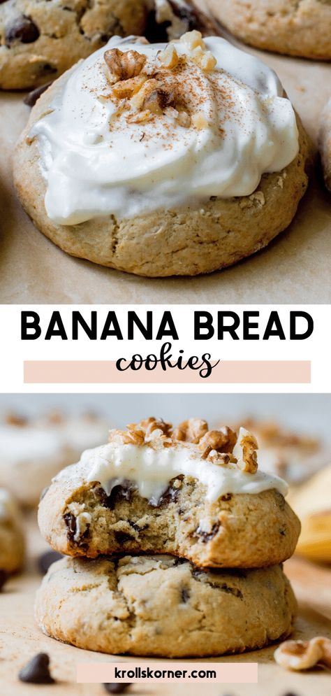 All of your favorite banana bread flavors wrapped up in a cookie! These banana bread cookies are studded with lots of chocolate chips, over ripe bananas, cinnamon, and topped with a decadent cream cheese frosting. #bananabread #bananabreadcookies #krollskorner #cookieseason #holidaybaking #cookies #cookierecipes Bread Flavors, Over Ripe Bananas, Banana Bread Cookies, Basic Cookies, Bread Cookies, Chocolate Chip Banana, Banana Cookies, Cream Cheese Cookies, Cookie Time