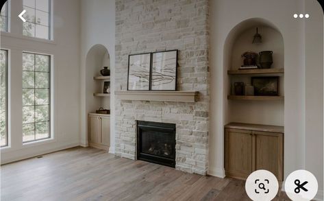 Light Stone Fireplace With Built Ins, Builtins Fireplace Windows, Fireplace With Door On One Side, Tall Brick Fireplace, Fireplace With Bench, Kentucky Farmhouse, Black Birch Homes, Build Fireplace, Updated Living Room