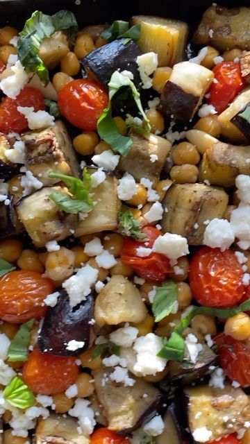 Marlena Kur on Instagram: "Roasted eggplant, chickpeas and burst tomatoes with some crumbled feta and fresh chopped basil on top. This Roasted Eggplant & Chickpeas with Burst Cherry tomatoes is a nourishing and delicious one pan meal! It’s veggie packed and super simple to make in less thank 30 minutes. . Ingredients: - 1 large eggplant cut into 1-2 inch pieces. -3 tablespoons extra virgin olive oil. - 1 pint cherry tomatoes. - 1 15.5 ounce can of chickpeas, drained and rinsed. - 10 cloves ga Burst Cherry Tomatoes, Easter Deviled Eggs, One Pan Meal, Seasoned Veggies, Noodle Recipes Easy, Roasted Eggplant, One Pan Dinner, Roast Eggplant, Eggplant Recipes