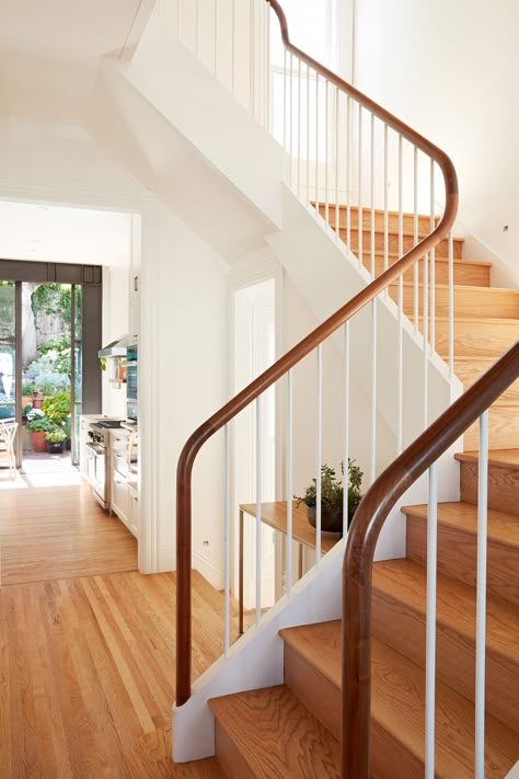 A Modern Victorian by Malcolm Davis Architecture | Rue Staircase Newel Post Ideas, Victorian Banister, Modern Victorian Exterior, Wood Banister, Stair Banister, Stair Design, House Staircase, New Staircase, Stair Case