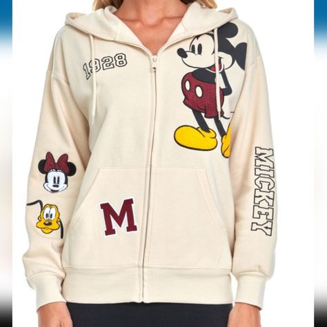 Disney Mickey Mouse Full Zip Sweatshirt Hoodie Ivory Textured Detailing On Mickey, Minnie And Goofy Embroidered M, 1928, Mickey Available: Extra Small Small Medium Large Extra Large Sold Out Xx-Large Available Also Minnie Stitch And Pooh Sweatshirt Hoodie Available Pooh Mickey Tee Shirt Available Also Great For Spring Trips To The Theme Parks, Cool Summer Evenings Mike Mouse, Mickey Mouse Characters, Chenille Patches, Mickey Mouse Sweatshirt, Cotton Polyester Fabric, Disney Sweatshirts, Mickey Mouse And Friends, Theme Parks, Disney Tops