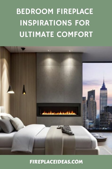 Elegant modern bedroom with a sleek fireplace and a view of city skyscrapers, promoting comfort and tranquility. Wall Mounted Fireplace Bedroom, Linear Fireplace In Bedroom, Bedroom Fireplace Wall Ideas, Modern Fireplace Bedroom, Primary Bedroom With Fireplace, Fireplace Bedroom Ideas Master Suite, Electric Fireplace In Bedroom, Electric Fireplace Ideas Bedroom, Bedroom Fireplaces