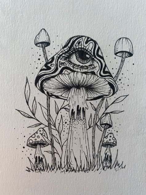 Small Femine Tattoo, Weird Mushroom Drawing, Cool Trippy Tattoos, Mushroom Pencil Drawings, Art Sketches Ideas Creative Sketchbook Pages, Mushroom Sketch Trippy, Alien Art Drawing, Trippy Mushroom Drawing, Trippy Line Art