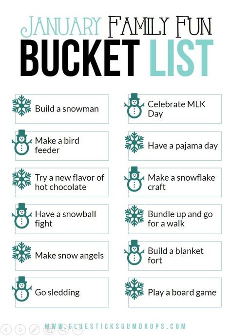 Our January Family Fun Bucket List is packed with ideas to make winter fun whether you're braving the cold outdoors or staying warm and cozy inside. #kidactivities #familyfun #bucketlist January Family Activities, January Bucket List, Kids Crafts January, January Fun, January Activities, Bucket List Ideas, Winter Bucket List, How To Make Snow, Fun Family Activities