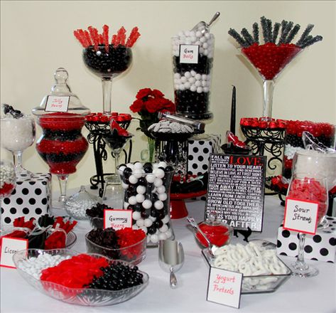 Awesome black, white, and red candy buffet. Red Black White Birthday Party Ideas, Casino Theme Treat Table, Black And Red Candy Table, Red White And Black Party Decorations, Red And Black Wedding Ideas On A Budget, Red And Black Theme Party, Red Candy Buffet, Sweet 16 Candy, Casino Theme Party