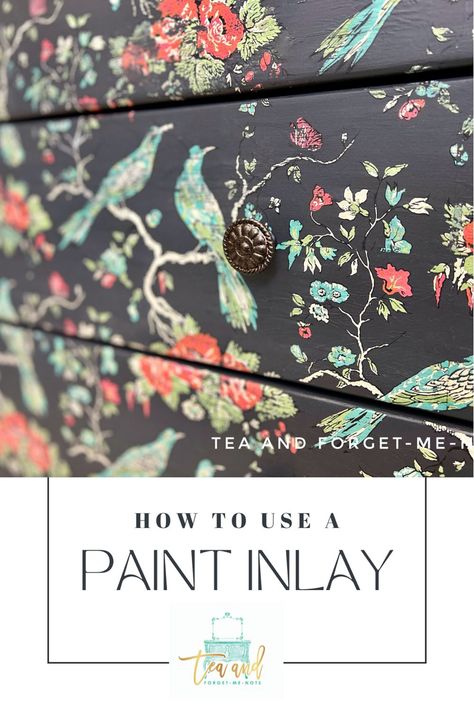 Paint Inlay Sheets, Wood Furniture Before And After, Paint Inlay Ideas, Iod Paradise Paint Inlay, Paint Inlay, Black Painted Furniture Ideas, Furniture Transfer Ideas, Furniture Decoupage, Transfers On Painted Furniture