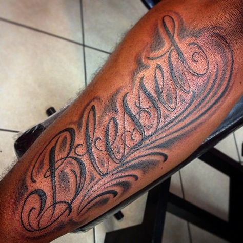 Blessed Arm Tattoo Women, Blessed Tattoo For Men Forearm, Blessed Tattoo On Arm, Blessed Tattoo For Men, George Tattoo, Tricep Tattoo, Tattoo Christian, Blessed Tattoo, Blessed Tattoos