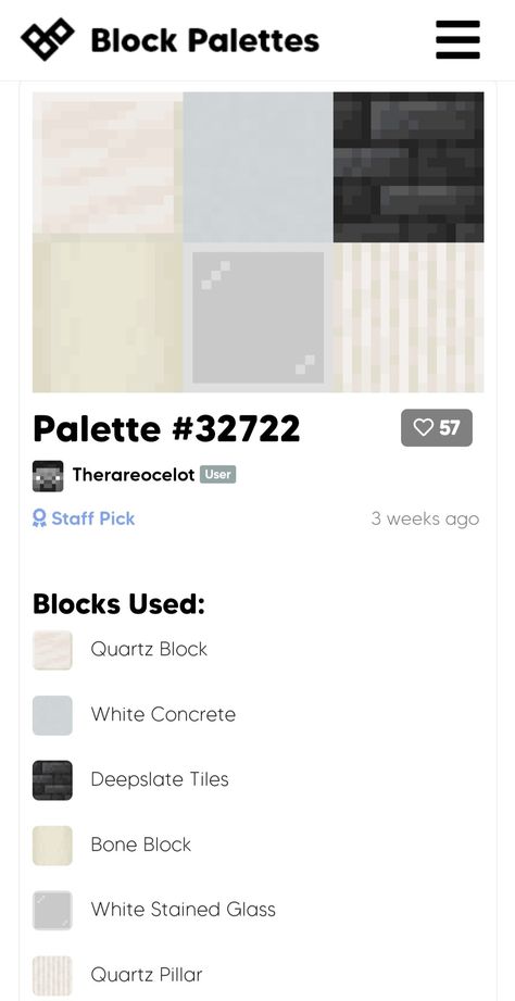 White Block Palette Minecraft, Minecraft White Color Palette, Minecraft White Palette, Minecraft White Blocks, Block Combination Minecraft, Pink Minecraft Pallet, Minecraft Block Color Pallets, Minecraft House Block Palette, Block Combos Minecraft