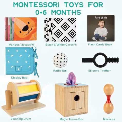 WOODMAM Montessori Toys for Babies 0-6 Months, 8 in 1 Learning Educational Sensory Toys for Newborn 0-3-6 Months, Includes Tissue Box, High Contrast Baby Toys, Spinning Drum, Teether and More Exploration Activities, Explorers Activities, Sensory Learning, Baby Montessori, Montessori Baby Toys, Sensory Exploration, Water Paint, Sensory Development, Newborn Toys