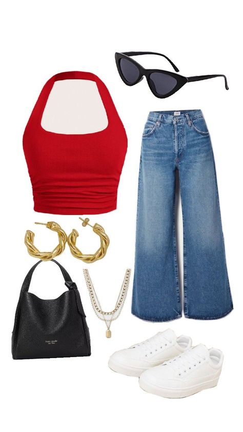 red top with blue jeans outfit Style A Red Top, Red Jeans Outfit Winter, Red Shirt And Jeans Outfit, Red Top Outfit Casual, Red Top And Jeans, Top With Wide Leg Jeans, Blue And Red Outfit, Red Purse Outfit, Red Jeans Outfit