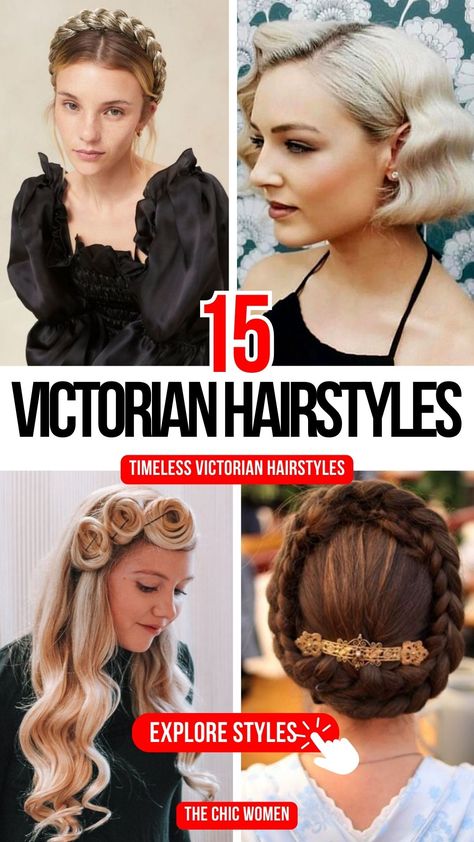 Victorian Hairstyles for Short Hair to show Elegance Victorian Hairstyles With Bangs, Victorian Era Hairstyles Tutorials, Victorian Wedding Hair, Victorian Ponytail, Victorian Hairstyles Updo, Victorian Hairstyles For Short Hair, Victorian Hairstyles Tutorial, Easy Victorian Hairstyles, 1850s Hairstyles