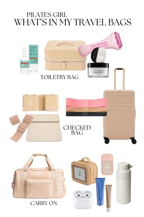 Graphic displaying essential items for a Pilates instructor's travel bag, including Bala bangles, a foldable workout mat, workout bands, and other travel fitness essentials. Pilates Bag, Bala Bangles, Mat Workout, Chic Activewear, Workout Bands, Workout Mat, Pilates Routine, Fitness Trends, Pilates Instructor