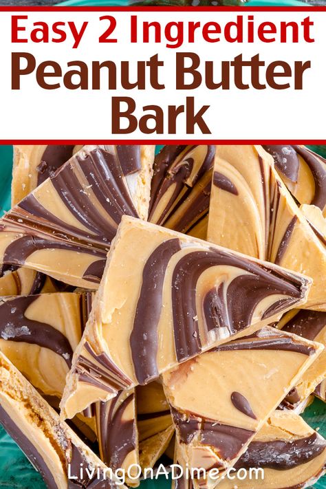 Bark candies are a nice addition to any holiday party. This 2 ingredient peanut butter bark recipe is perfect for the chocolate and peanut butter lovers in your family and the artistic peanut butter swirl makes it a visually appealing addition to any candy tray! Find this and lots more easy Christmas candy recipes with 2 ingredients here! Simple Candy Recipes 3 Ingredients, 2 Ingredient Candy Recipes, Bacon Bark Recipes, Recipes With Chocolate Almond Bark, Almond Bark Recipes Chocolate, White Chocolate Peanut Butter Bark, Appiterzers For Christmas Eve, Reese’s Peanut Butter Bark, Peanut Bark Recipes