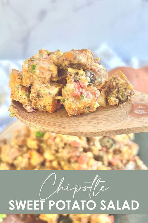 Chipotle Sweet Potato Salad on a wooden serving spoon above a serving dish of it Barbeque Side Dishes, Tailgate Sides, Summer Bbq Recipes, Sweet Potato Salad, Chipotle Aioli, Something To Talk About, Summer Cookout, Bbq Food, Sweet Heat