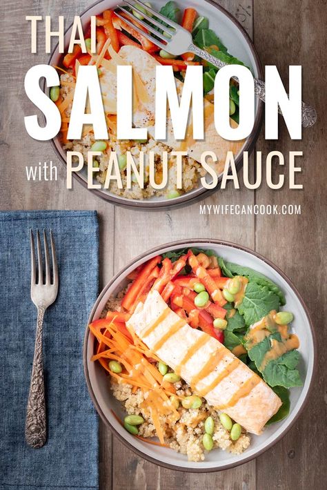 Thai Salmon Bowl with Peanut Sauce - Mywifecancook.com Batch Meal Prep, Grab And Go Food, Batch Prep, Thai Salmon, Batch Meals, Salmon Quinoa, Go Food, Salmon Bowl, What's For Supper