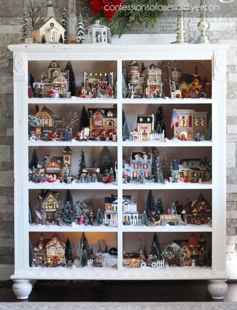 Snow Globe Collection Display, Globe Collection Display, Snow Globe Display, Snow Globe Collection, Toy Collection Room, Globe Collection, Wooden Pallet Crafts, Collection Room, Village Ideas