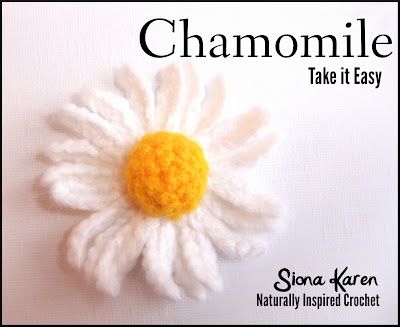 "Chamomile". The finished chamomile flower is approximately 2.75” (7cm) in diameter. This flower would make a lovely brooch or bag decoration.  Chamomile © Siona Karen 2012 Knitting Flowers, Chamomile Flower, Crochet Knit Stitches, Chamomile Flowers, Knit Stitch, Pattern Free, Yarn Needle, Crochet Motif, Yarn Crafts