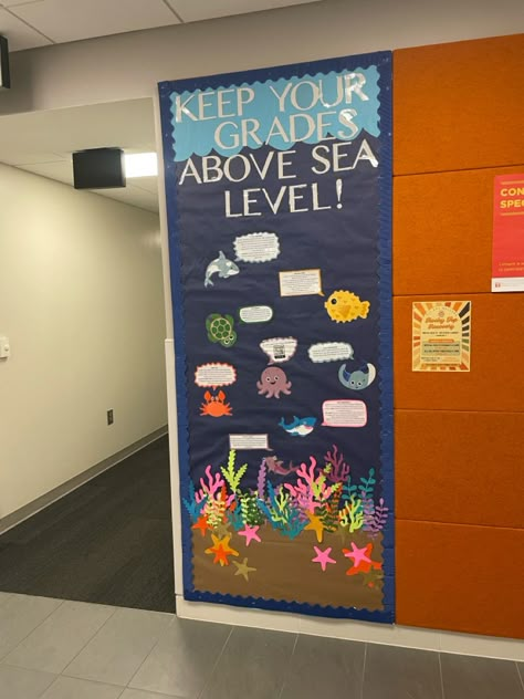 Dive Into Bulletin Board, Ra Bulletin Boards Academic Success, Under The Sea Ra Theme, Academic Success Bulletin Board, Academic Bulletin Boards, Star Bulletin Boards, Attendance Board, Finding Nemo Theme, College Dinners