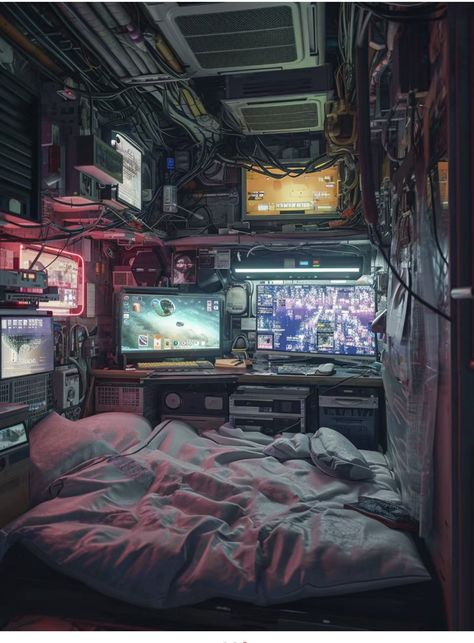 Splatoon Locker, Sci Fi Bedroom, Cyberpunk Interior Design, Apocalypse House, Cyberpunk Bedroom, Futuristic Apartment, Cyberpunk Interior, Akira Poster, High Tech Low Life