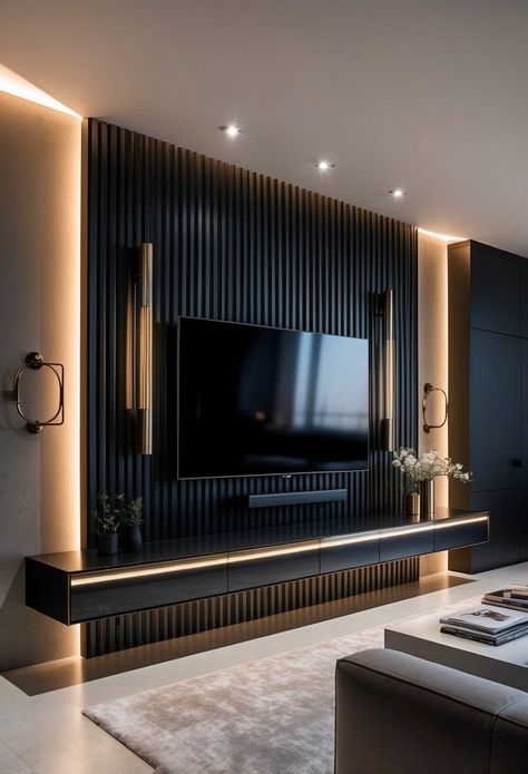 49 Luxury TV Wall Ideas Modern Luxury Living Room Tv Wall, Modern Tv Slat Wall, Tv With Back Panel, Home Bar And Tv Room, Media Room Tv Wall Ideas, Statement Wall Tv, Tv Room Feature Wall, Tv Wall Grey Interior Design, Tv On Wall With Windows