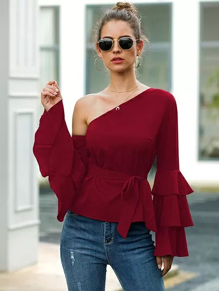 Hot Deals Flared Sleeves, Peplum Top, One Shoulder, Blouses, Red