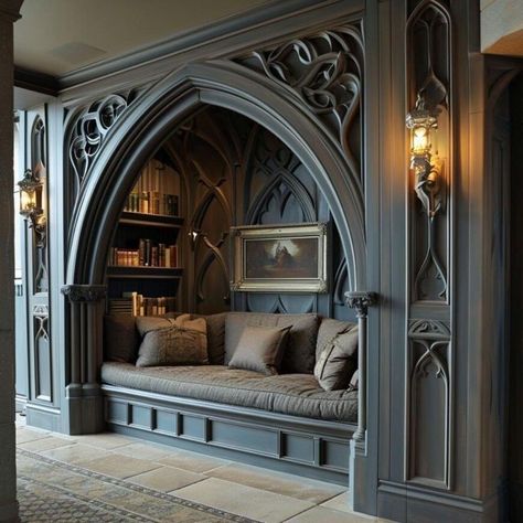 Built In Nook Living Room, Corner Alcove Ideas, House Nook Ideas, Office Reading Corner, Books In Fireplace Decor, Gothic Reading Nook, Reading Room With Fireplace, Stone Bookshelf, Built In Reading Nook