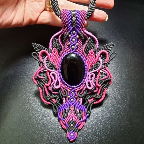 Black and Pink Macrame Necklace. OOAK Tube Collar Pendant! "Gothic Pink Fairy"Black Onyx Stone. Tubular Collar Necklace. I am proud to be able to say that this is like nothing else out there. You will not find this anywhere. This design lives in my heart and my mind. This is A piece of art that you can wear. #fantasy #etsyshop #etsyfinds #fiber #festivals #micromacrame #handmadejewelry #macramenecklace #macramejewelry #macrame #macramé #goth #gothgirl #gothstyle #gothfashion #gothaesthetic Goth Macrame, Cat Macrame, Pink Macrame, Macrame Necklaces, Macrame Pendant, Festival Gear, Pink Fairy, Fairy Necklace, Japanese Tattoo Art