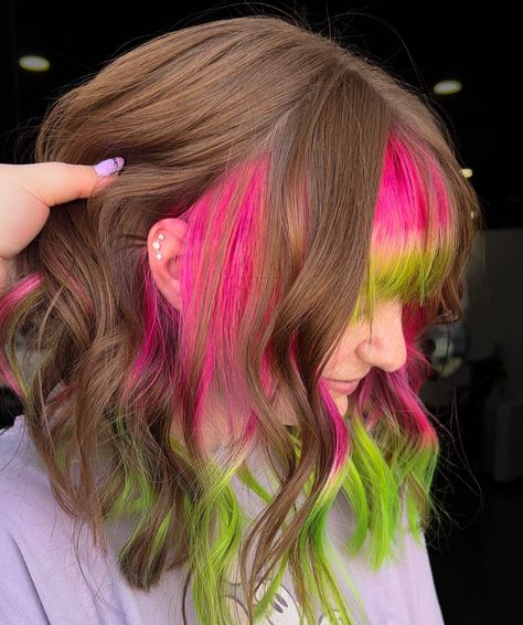 Vivid Hair Color Green, Vivid Halo Hair, Pink Hair Colour Ideas, Pink And Green Peekaboo Hair, Green To Pink Hair, Mitsuri Hair Color, Neon Pink And Green Hair, Pink To Green Hair, Pink And Green Hair Dye Ideas