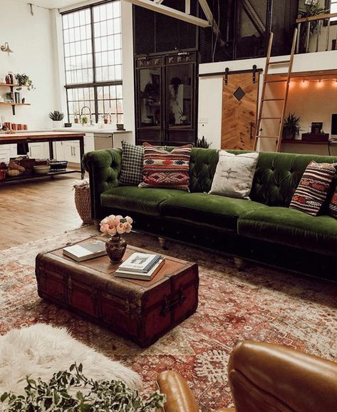 The Nordroom - A Vintage Industrial Barn Home With A Beautiful Green Velvet Sofa Green Couch, Vintage Industrial Decor, Green Velvet Sofa, Industrial Livingroom, Vintage Industrial Furniture, Furniture Classic, Green Sofa, Art Pop, Living Room Makeover