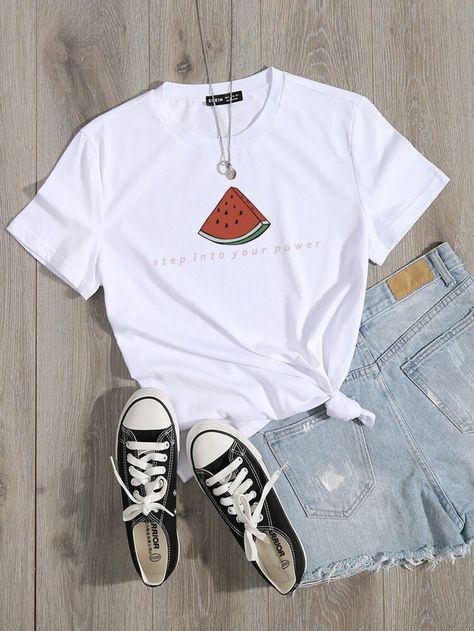 Free Returns ✓ Free Shipping On Orders $49+ ✓. Watermelon & Slogan Graphic Tee- Women T-Shirts at SHEIN. Bff Matching Outfits, Watermelon Shirt, Slogan Graphic Tee, Trendy Outfits For Teens, Tween Outfits, Women T Shirts, Korea Fashion, Basic Outfits, White Casual