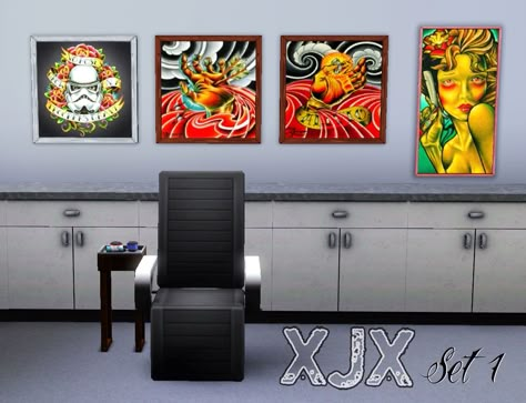 Mod The Sims - Tattoo Shop Decoration + Flash Art Sims 4 Tattoo Artist Mod, Sims 4 Tattoo Parlor, Sims 4 Tattoo Shop Cc, Sims 4 Tattoo Shop, Sims 4 Tattoo Artist, The Sims 4 Tattoo, Sims Tattoo, Artist Career, Tattoo Shop Interior