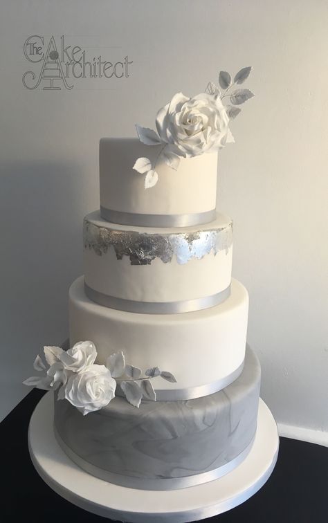 Beautiful silver and grey wedding cake for a touch of class on your wedding day with a gorgeous marble tier and handmade sugar roses Red And Grey Wedding Cake, Silver Wedding Cake Ideas, Grey Wedding Cakes, Silver Cake Ideas, Grey Wedding Cake, Diamond Wedding Cakes, Wedding Cake Designs Elegant, 25th Wedding Anniversary Cakes, Gray Wedding Cake