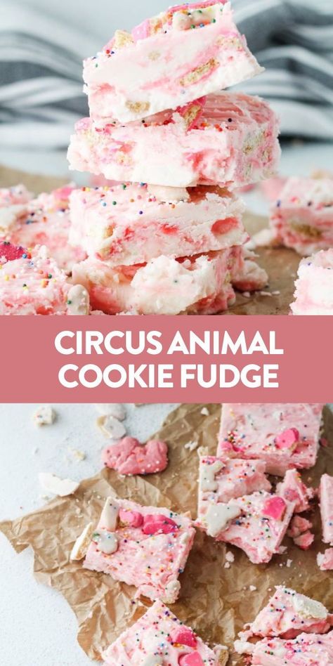 Circus animal cookie fudge is an easy cheese fudge made extra special with the adorable cookies and sprinkles. Kids and adults will love this easy colorful candy! #fudge #dessert #recipe Circus Animal Cookie Dessert, Frosted Animal Cookie Recipes, Wacky Recipes, Circus Animal Cheesecake, Fantastic Fudge, Animal Cookies Recipe, Special Deserts, Cheese Fudge, Cookie Fudge