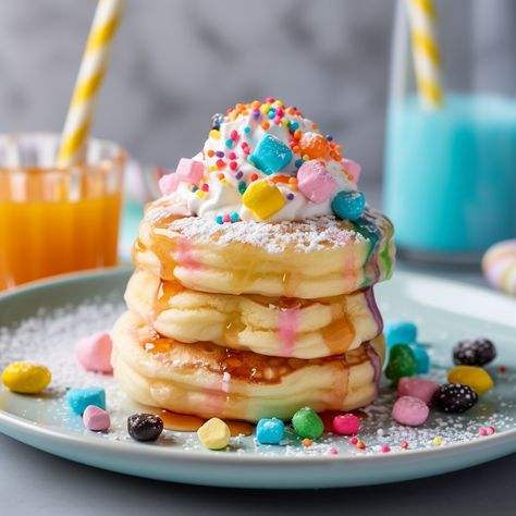 These fluffy and colorful pancakes are not only delicious but also magical. Perfect for a fun and whimsical breakfast! #MagicalBreakfast #UnicornPancakes #FluffyPancakes #ColorfulBrunch #WhimsicalFood #PancakeArt Unicorn Pancakes, Colorful Pancakes, Pink Pancake, Rainbow Pancakes, Corn Pancakes, Rainbow Stuff, Fluffy Unicorn, Purple Food Coloring, Pancake Art