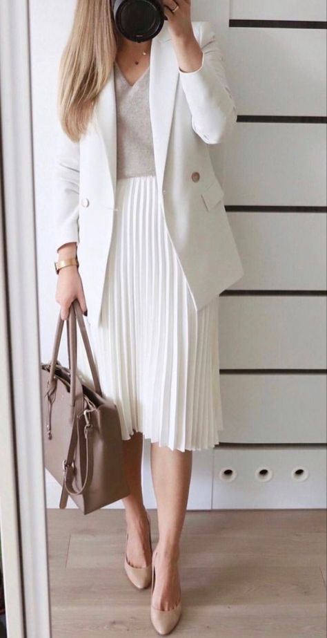 White Dress Business Professional, White Skirt Formal Outfit, Classy Summer Skirt Outfits, White Dress Office Outfit, Church Outfit Spring Classy, Formal Church Outfits For Women, Preaching Outfits For Women, White Skirt Work Outfit, Classy Spring Outfits 2024