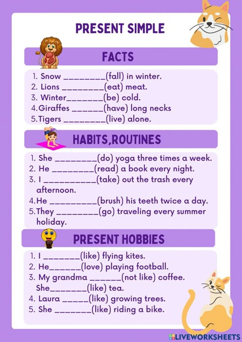 Simple Present Tense Activities, Esl Present Simple, First Grade Reading Comprehension, Simple Present Tense, English Teaching Materials, Simple Present, English Exercises, Teaching English Grammar, Learning English For Kids