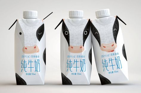 Mengniu Hi! Milk, China The boxy shape of the packaging lent itself to a cow’s face (ears included). Award-Winning Package Design - WSJ Dairy Products Packaging Design, Dairy Packaging, Kids Packaging, Clever Packaging, Cheese Packaging, Milk Cartons, Milk Brands, Milk Packaging, Cool Packaging