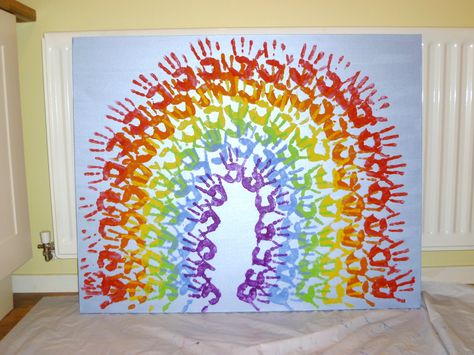 Rainbow handprint on a huge canvas - now has pride of place on the kitchen wall :) Rainbow Handprint, Kindergarten Artwork, Preschool Artwork, Friendly Letter Writing, Pride Week, Staff Party, Rainbow Parties, Rainbow Canvas, Rainbow Crafts