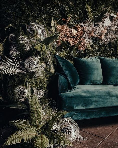 Some afternoon woodland wedding inspiration. Now who doesn’t love a mass of disco balls mixed with tropical greenery? It’s a YES from us. This makes us happy. Disco Ball And Greenery, Tropical Disco Wedding, Disco Jungle, Jungle Glam, Woodland Wedding Inspiration, Jungle Wedding, Goa Wedding, Tropical Greenery, Disco Balls