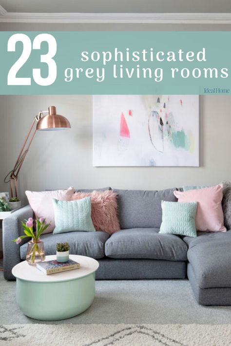 The amazing versatility of grey is what makes it so popular so we've put together 23 grey living room ideas for gorgeous and elegant spaces. Grey can create a warm scheme as easily as a cool one; it can channel edgy modern and charming country; be calm and soothing or vivid, lively and energetic. These are the best grey living room ideas for 2020. #bestgreylivingrooms #livingroomideasfor2020 #modernlivingrooms #decoratingideas #howtorenovatethelivingroom #bestlivingroomideas #greylivingroomideas Pastels Living Rooms, Grey Sofa Lounge Decor, Grey And Pastel Living Room Ideas, Pop Of Colour In Grey Living Room, Light Grey Velvet Sofa Living Room Ideas, Pastel And Grey Living Room, Colorful Pastel Living Room, How To Decorate A Grey Couch, Gray Sofa Living Room Color Schemes Grey Couches Decorating Ideas